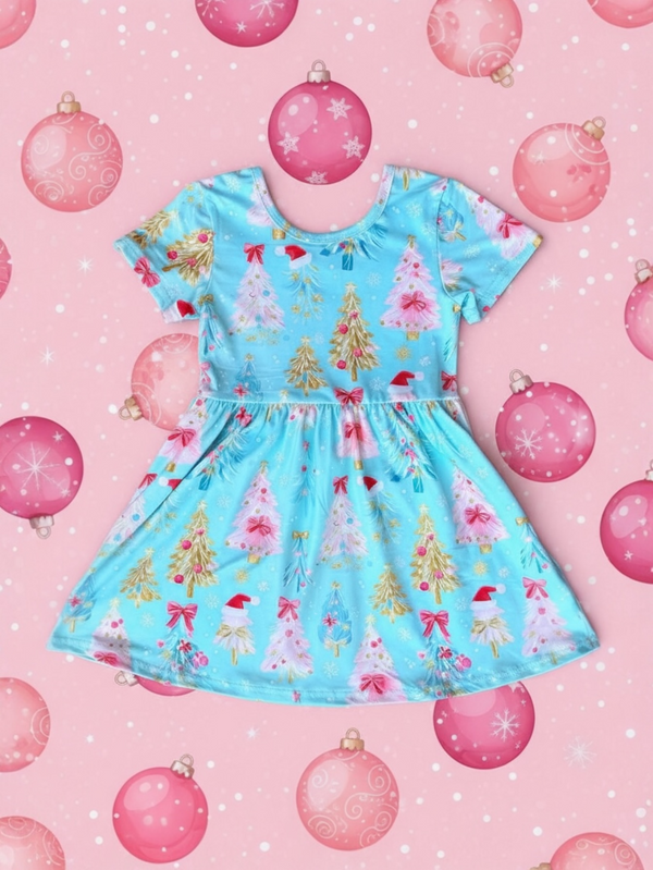 Girls Pastel Christmas Tree Forest Dress with Matching Bow